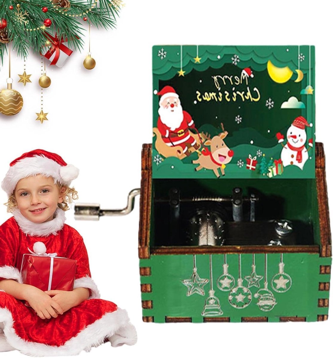 Kerstmuziekdoos Hout - Muziekdoos Kerst - Feestelijke Decoratie - Handslinger Bediening - 6.4 x 5.2 x 4.2 cm - Natuurlijk Hout