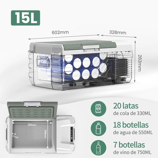 UrbanSelect Draagbare Koelkast 15L - Auto Koelkast - Mini Koelkast - 12V/24V DC - 100-240V AC - Compact Design - Handgreep - Grijs van UrbanSelect — afbeelding 4