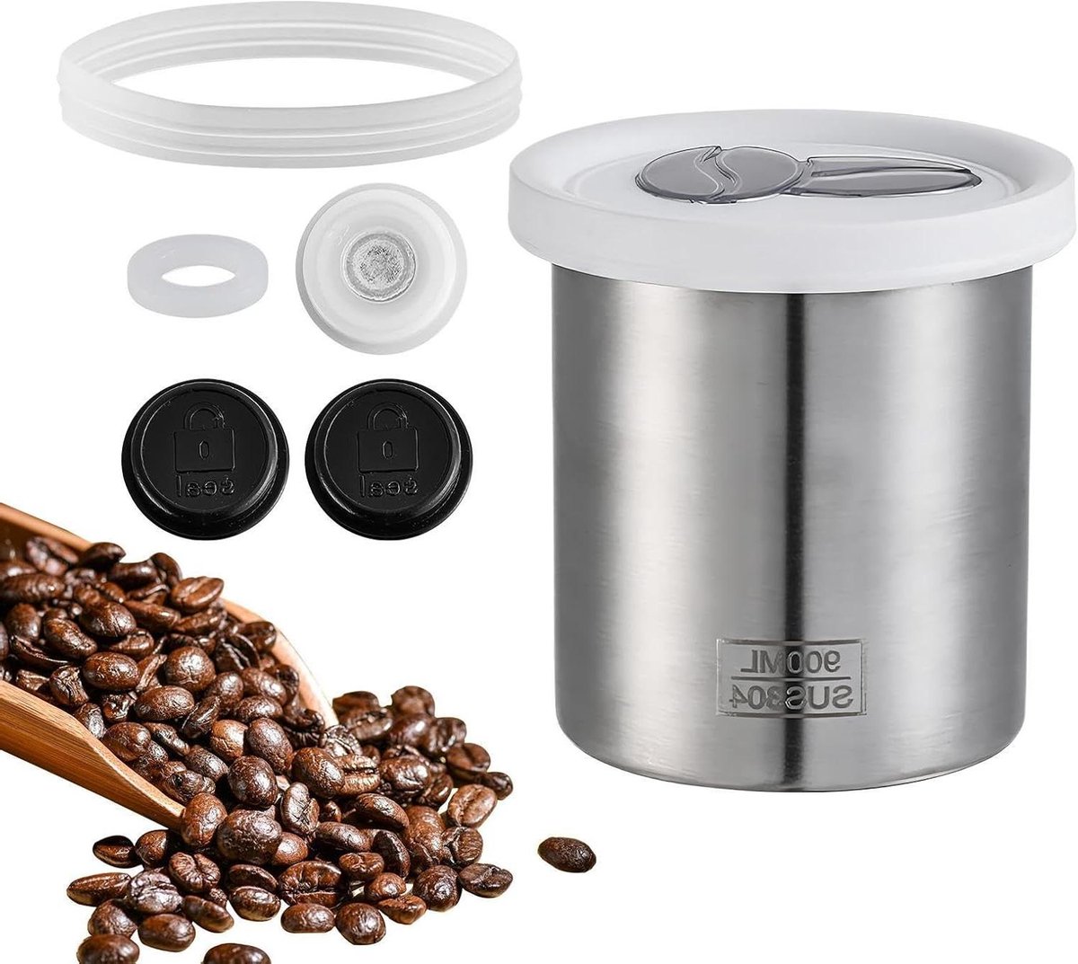 Koffiebonen Bewaardoos - Luchtdichte Container - Aroma Behouden - Geavanceerd Ontluchtingsventiel - 900 ml - Zilver