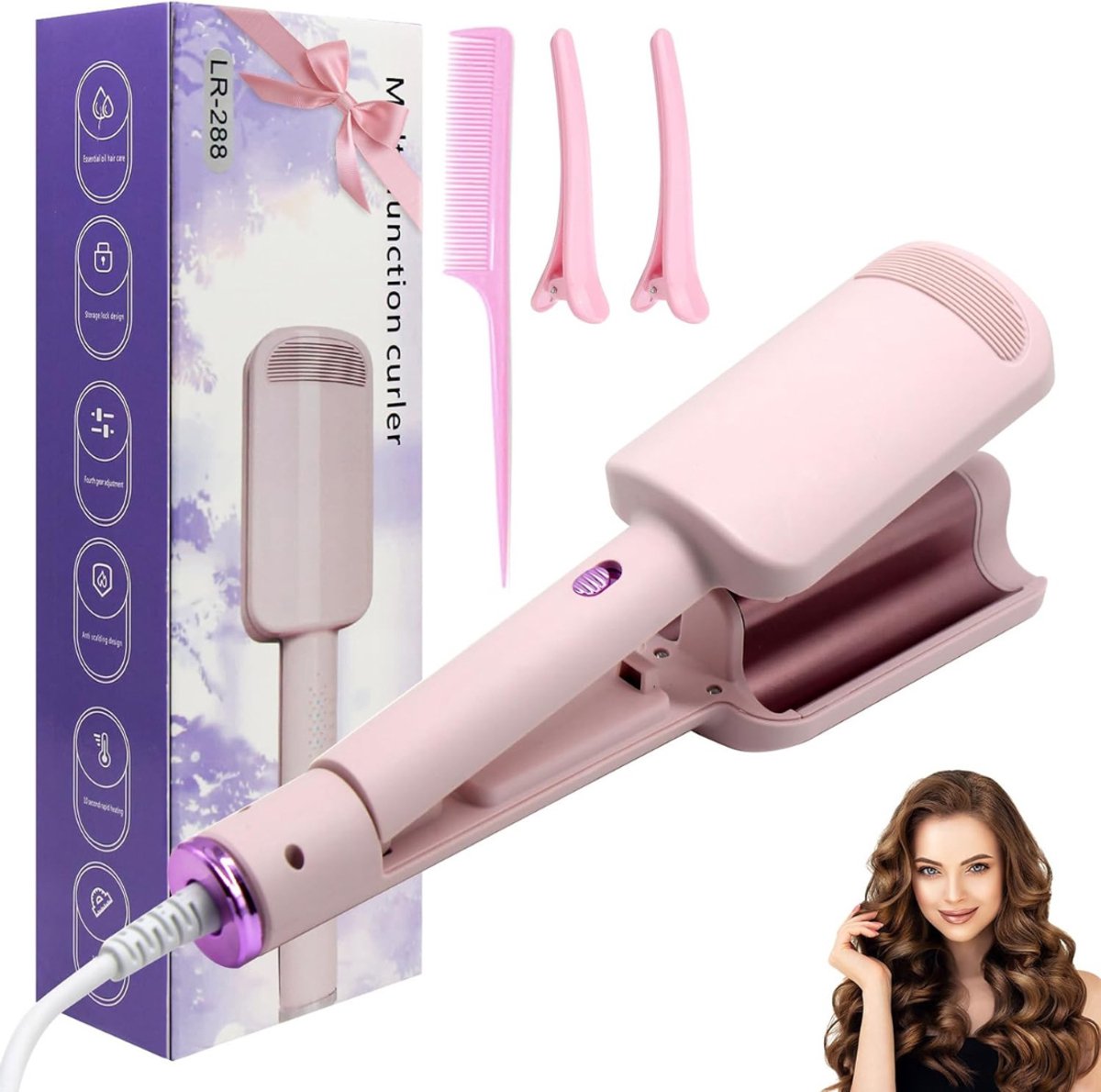 Wafeltang Haar - Haar Krultang - Golvende Tang - Beach Waves - 32 Mm - Voor Grote Krullen - 4 Instelbare Temperaturen Geschikt Voor Alle Haartypes - Roze