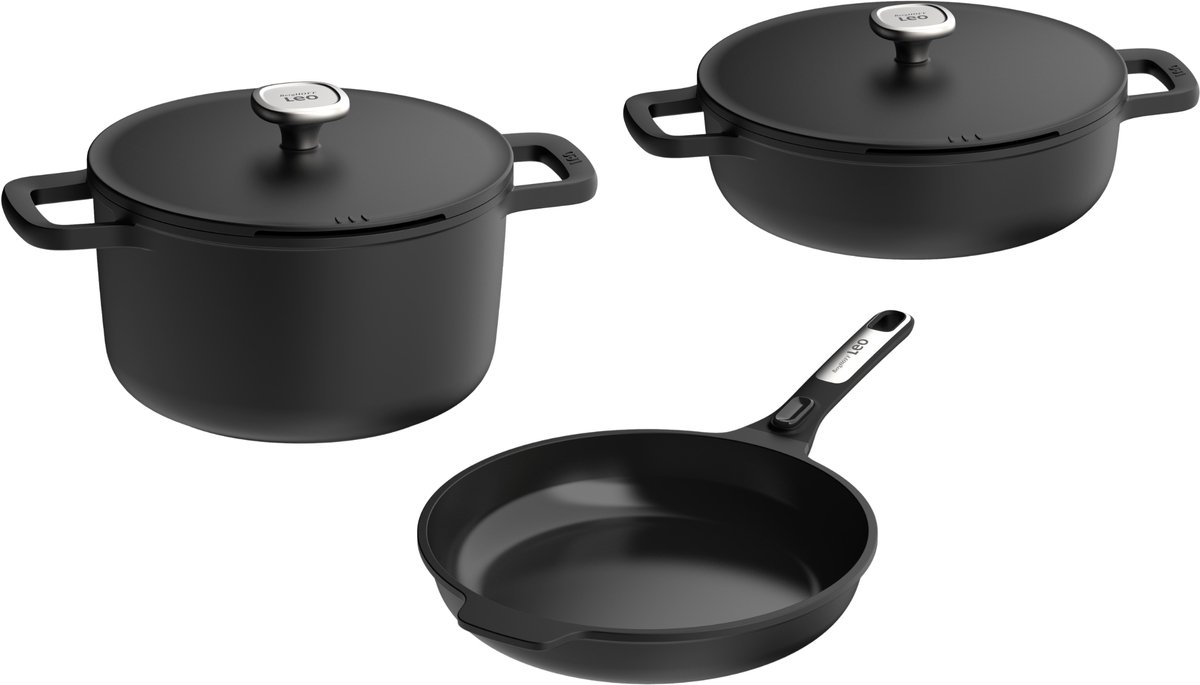 Phantom Kookset – Braadpan Ø 28 cm – Kookpot Ø 24 cm – Sauteerpan Ø 28 cm – Afneembare Siliconen Handvaten bij Kookpotten – Keramische Antiaanbaklaag – PFAS-vrij – Met Aluminium Deksel bij Kookpotten – Alle Kookplaten, Inclusief Inductie - -