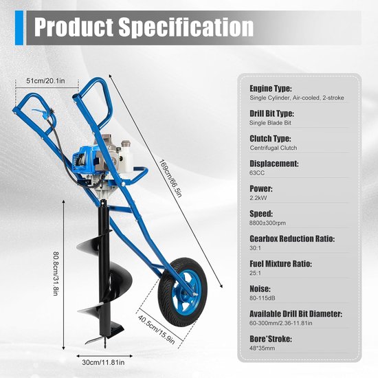 Benzine Grondboor - Grondboormachine Tuin - Gaten Boren - Met Handwagen - 63 cc - Blauw — afbeelding 4
