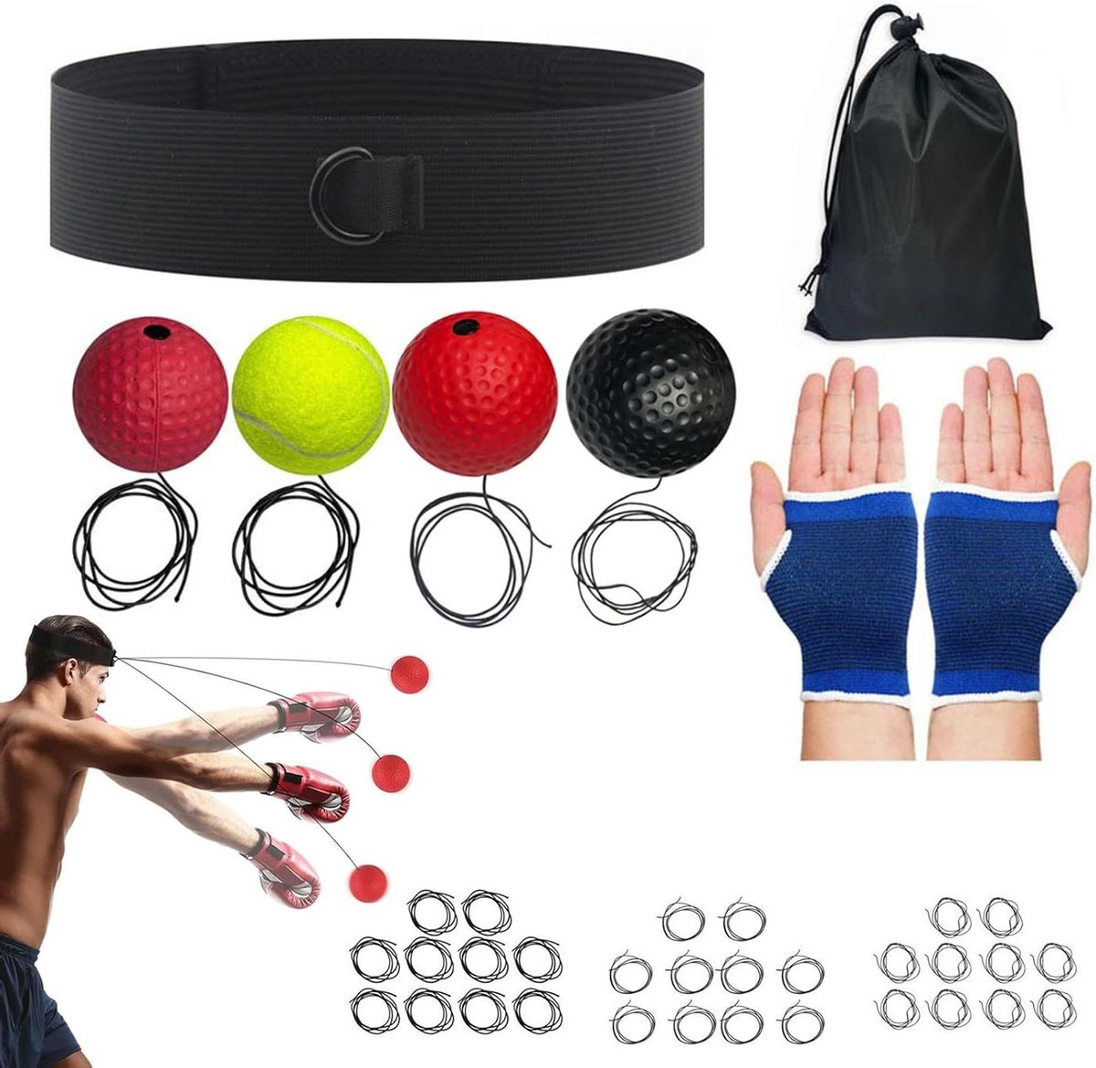 Boksbal met Hoofdband - Reflexbal Set - Verbeteren Reactievermogen - Verschillende Gewichten Ballen - 6 cm Bal Diameter - Meerdere Kleuren
