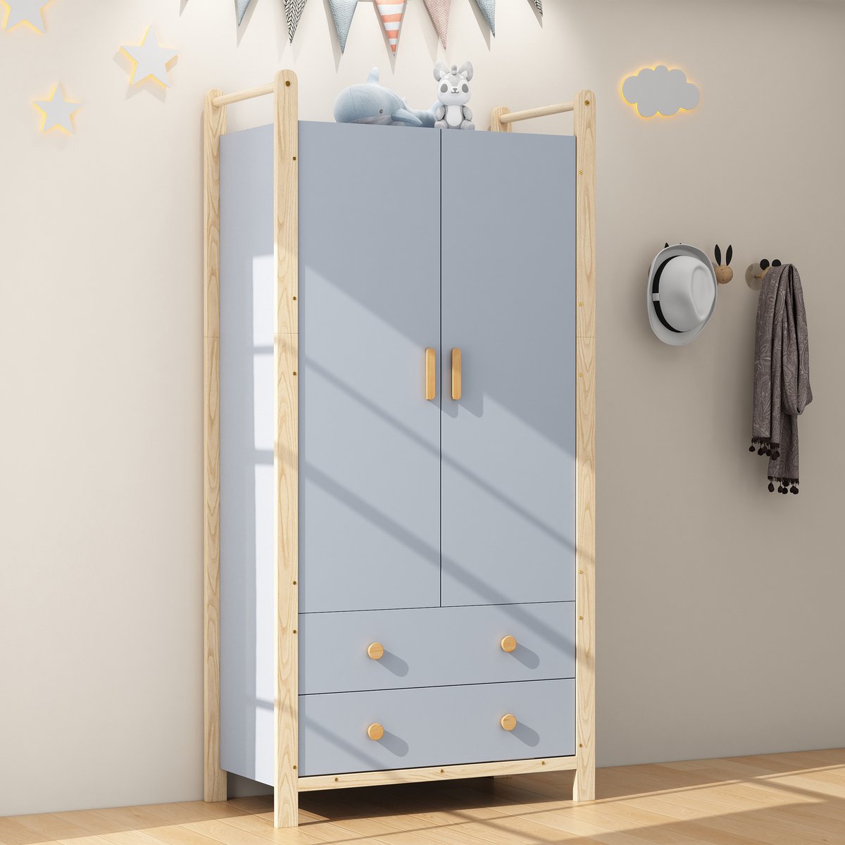 MODFU Kledingkast Met 2 Deuren En 2 Laden - Met Kledingroede - Modern - Voor Slaapkamer Of Hal - MDF En Grenenhout - Blauw - 89,6 x 44 x 180,5 cm Blauw+Neutraal
