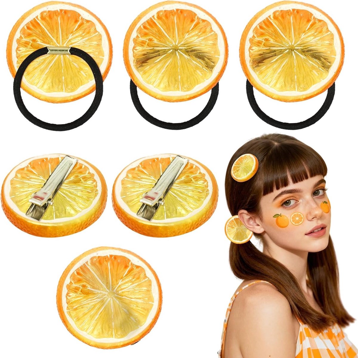 Haarspelden Oranje Schijfjes - Haarklemmen Fruit Accessoires - Feestelijke Kapsels - Levendige Kleuren Zomerlook - 5 cm Diameter - Oranje