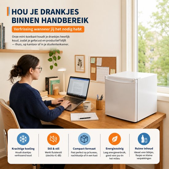 Celestul Mini Koelkast 45L - Koelkast met Vriesvak - Stille Minibar 41 dB - Compacte Koelkast voor Slaapkamer, Kantoor & Studentenkamer - Wit — afbeelding 4