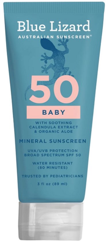 Tube bleu Blue Lizard Baby crème solaire SPF 50 avec logo de lézard et inscription '50 BABY'.