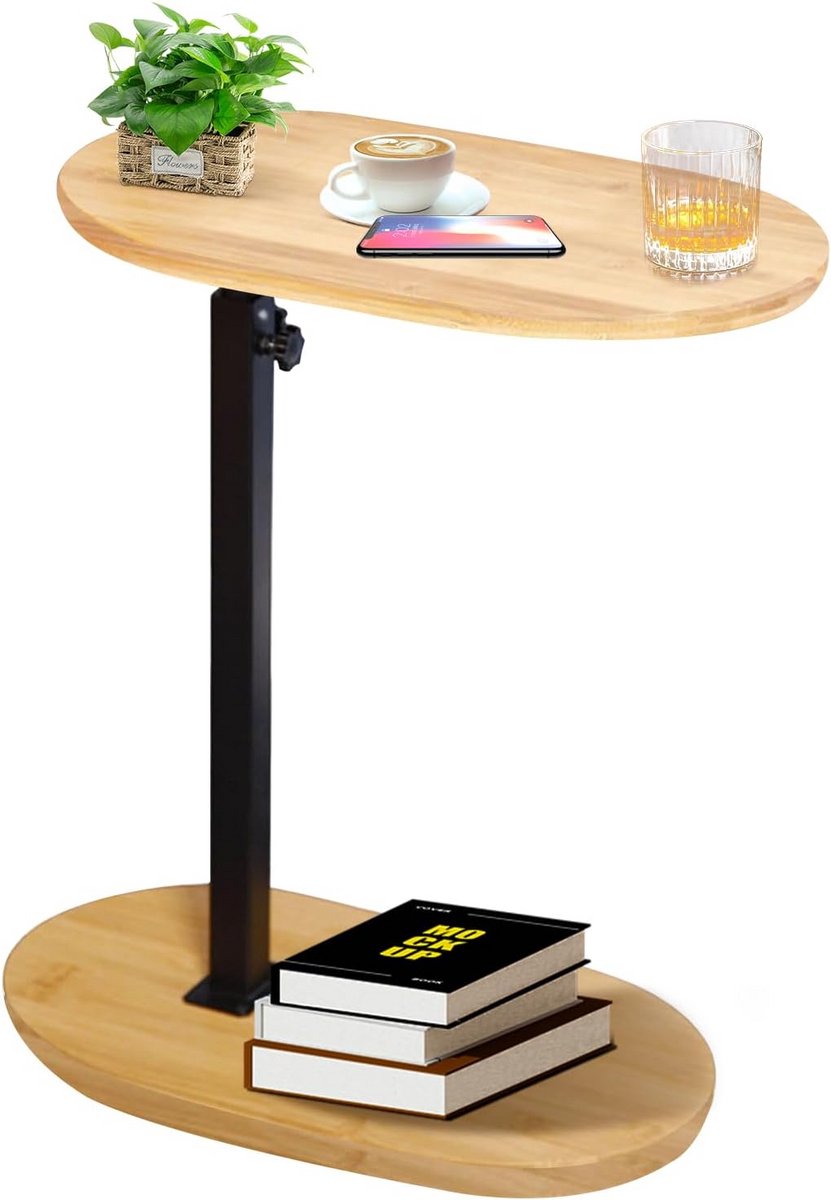 Bijzettafel C-vorm - Kleine tafel - Flexibel gebruik - In hoogte verstelbaar - 45-80 cm - Natuurlijk en zwart