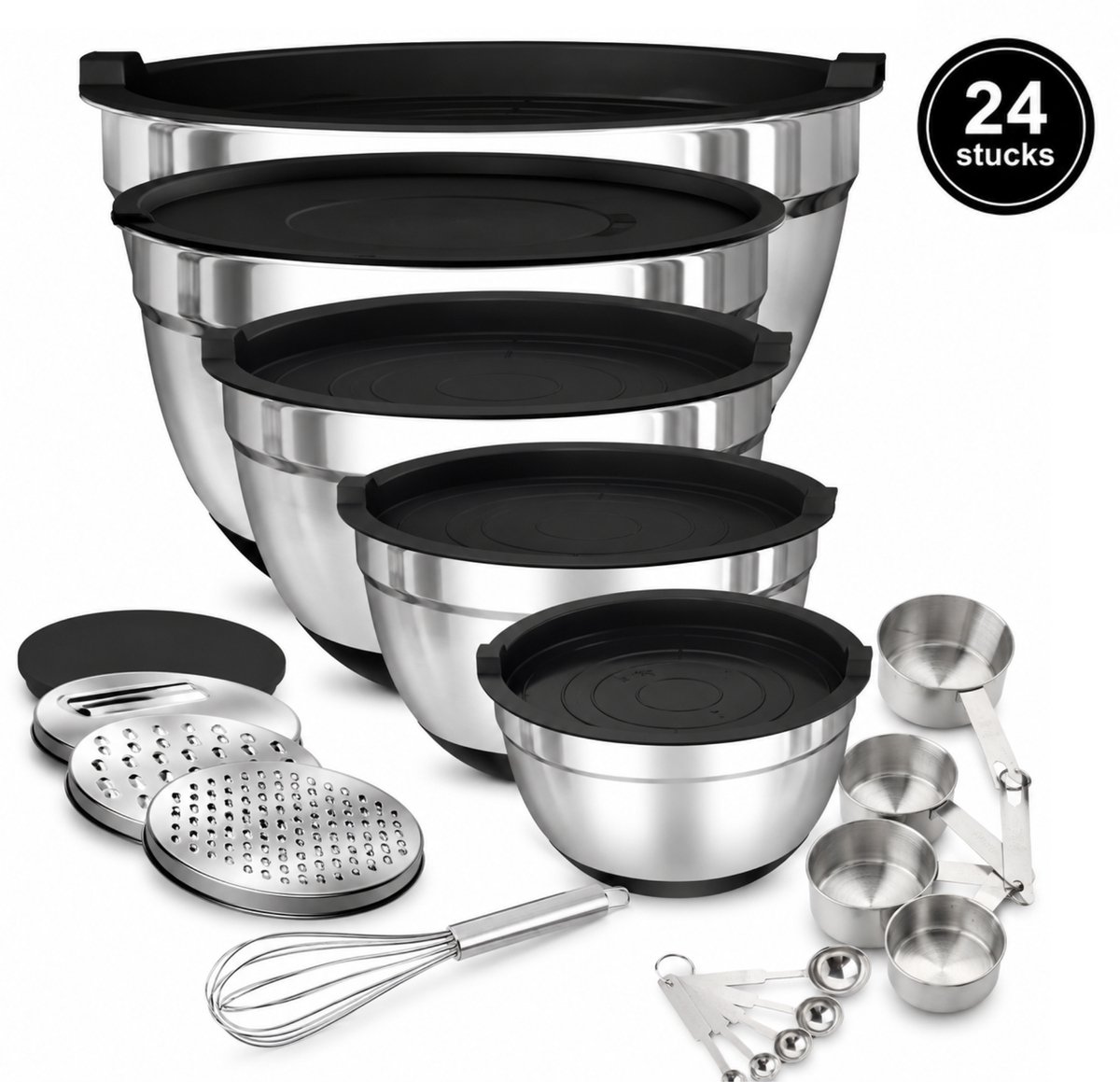 Signature Home Mengkommen Set met Deksel - 24-Delige Beslagkommen & Mixkommen Set - RVS Kommen 1,5 tot 5 Liter - Inclusief Raspopzetstukken en Maatschepjes - Antislip Bodem - Vaatwasser- en Vriezerbestendig - Zwart - Zilver