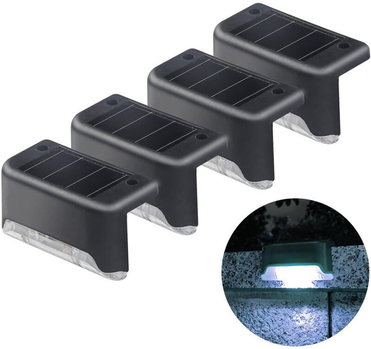 Een vierdelige set bestaande uit solar terrasverlichting, solar trapverlichting en waterdichte LED solarverlichting, geschikt voor tuinen, buitentrappen, treden, hekken, patio's, terrassen en paden.