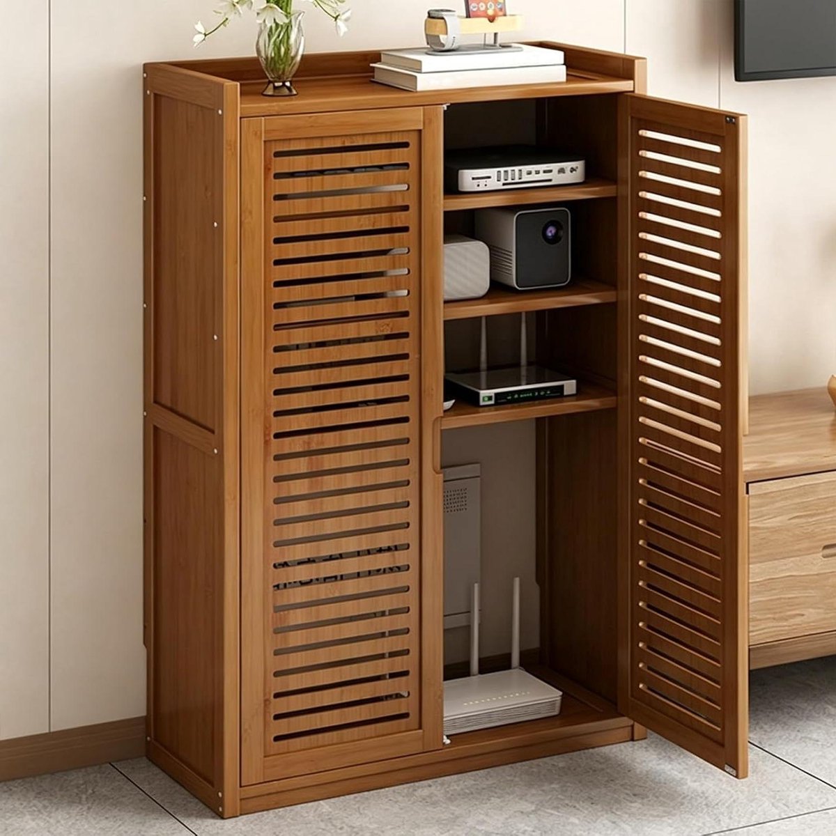 Opbergkast Router - Router Organizer - Wifi Apparatuur Verbergen - Geventileerd Deurontwerp - 97cm - Natuurlijk Bamboe