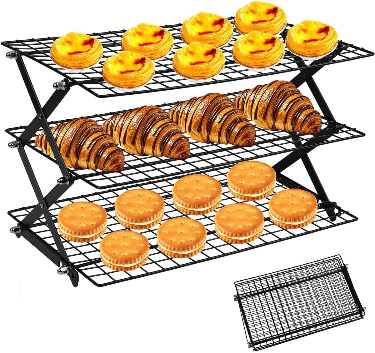 Rechthoekige Bakplaat voor het Koelen van Taarten, 3-Traps Rooster, Antiaanbaklaag, Inklapbaar, Ruimtebesparend, Geschikt voor Taarten en Koekjes, Vaatwasserbestendig (40 x 25 x 28 cm)