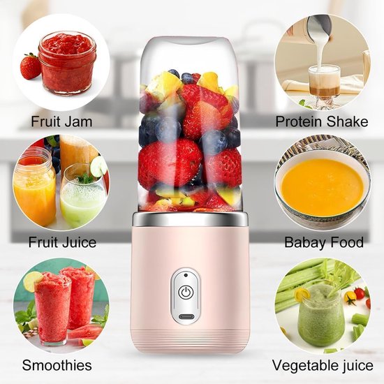 Smoothie Maker - Portable Mixer - Verse Drankjes Maken - 6 Roestvrij Staal Bladen - 400 ml - Roze — afbeelding 2