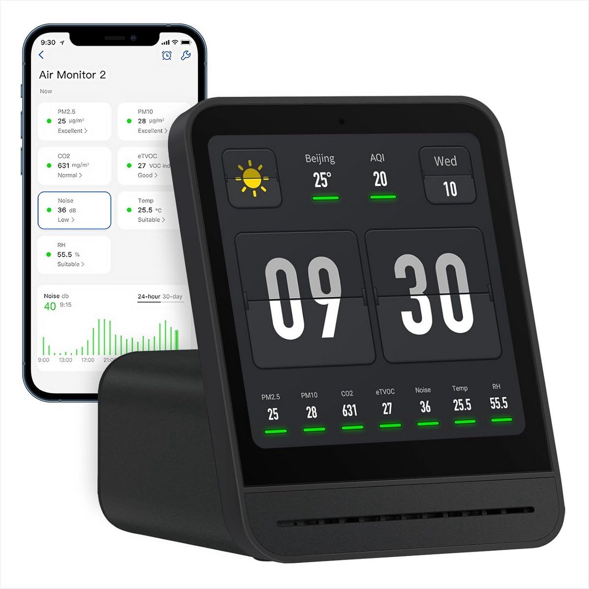 Luchtkwaliteitsmonitor - Binnenluchtmeter - Gezond Binnenklimaat - 7 Metingen Inclusief - 4 Inch Touchscreen - Zwart