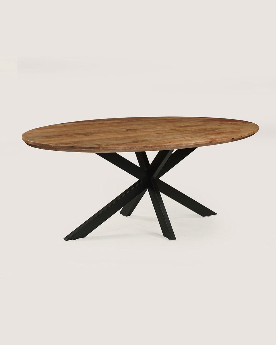 Ovale Eettafel 240 cm Mangohout – Bruin – Zwart Metalen Matrix Onderstel – Elegant Chic –