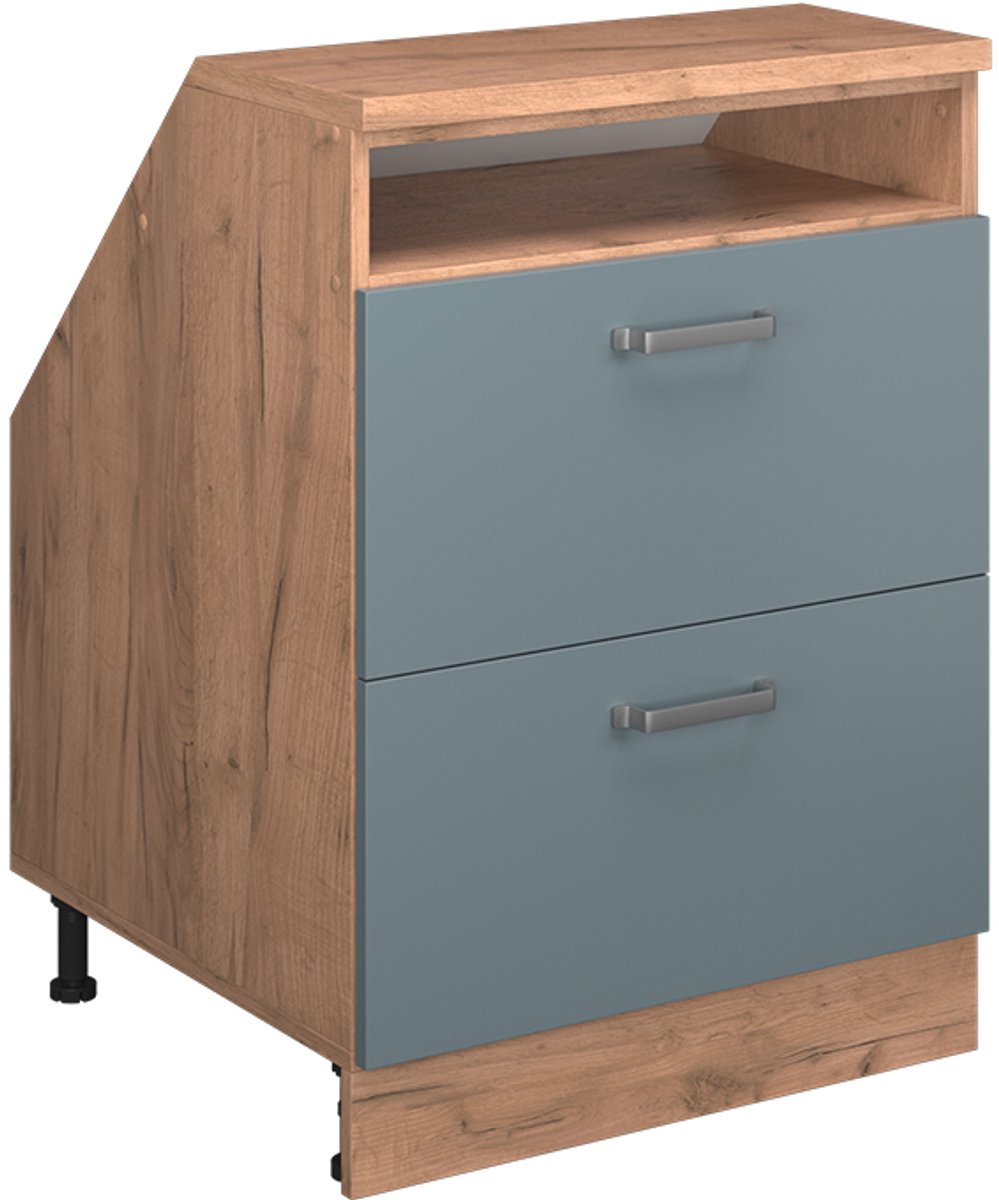 Vicco R-Line Keukenkast voor schuine wand – 60 cm met 2 laden, kastromp 60 cm diepte Blauw-grijs Blauw-grijs/Goudkleurig Eiken