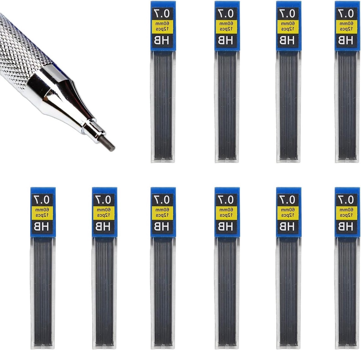 Automatische potloodvullingen 0.7 mm HB, 10 dozen met 12 stuks per doos, breukbestendig en soepel schrijven, ideaal voor schrijven en tekenen
