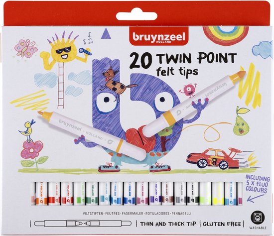 Doos met 20 Bruynzeel Twin Point viltstiften, met een getekend monster en 9 fluokleuren.