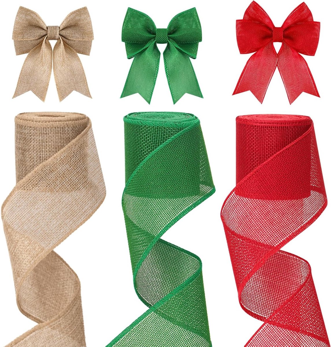 3 Rollen van 6m Kerst Decoratieve Draadlint voor Wreaths en Strikken, 6cm Breed Jute Lint in Rood, Groen en Bruin voor Cadeauverpakking en Kerstboomdecoraties