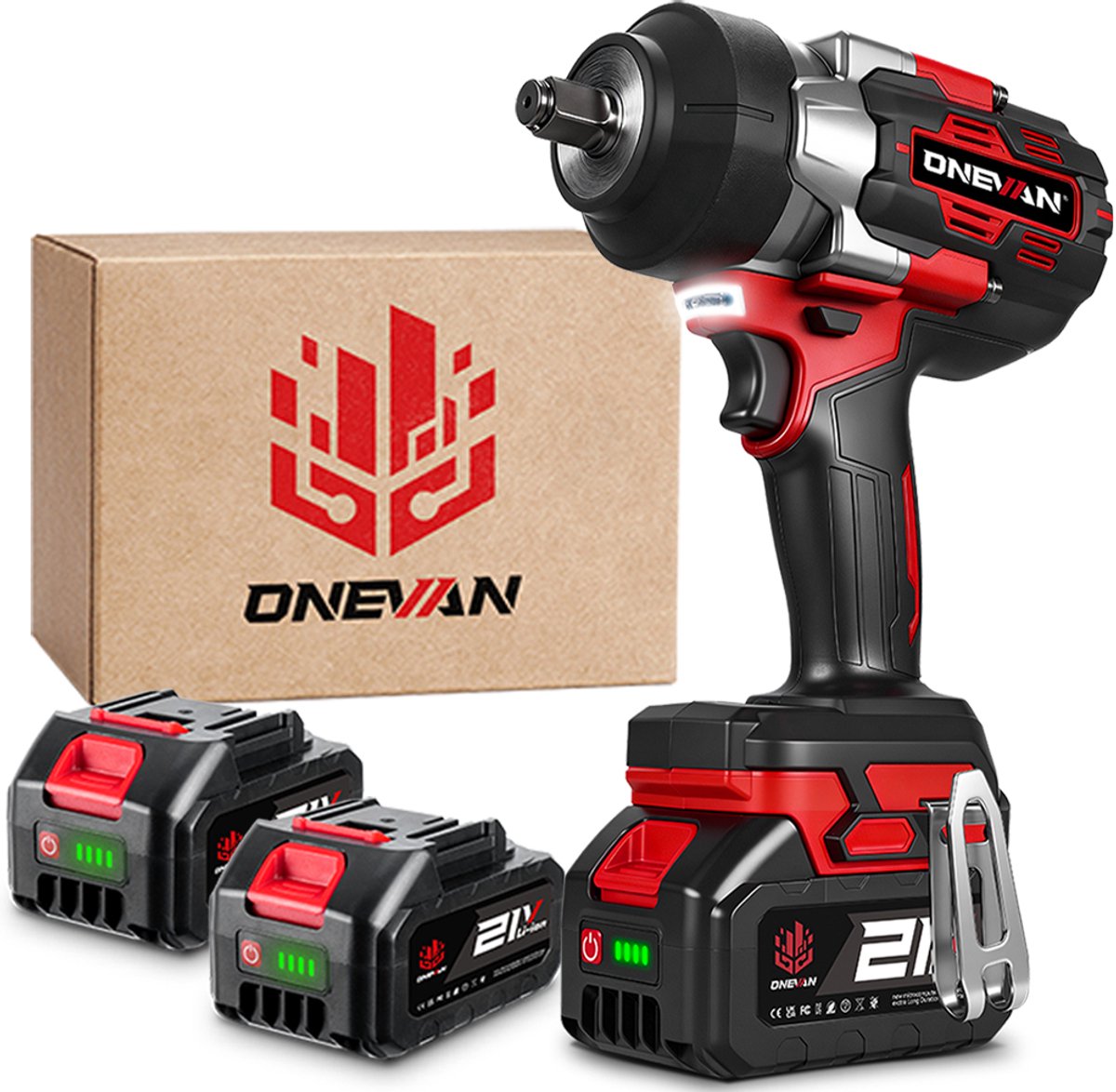 ONEVAN Accu Slagmoersleutel - 2800Nm Borstelloze Slagmoersleutels - 1/2 inch Slagschroevendraaier - met 2x 3.0Ah Accu’s - voor Autoreparatie