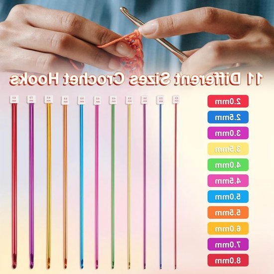Set van 11 Tunisische Haaknaalden van 27 cm met Accessoires, Kleurige Haaknaalden voor Beginners, Ideaal voor Tunisisch Haken en Breien van 2 mm tot 8 mm van Merkloos — afbeelding 3