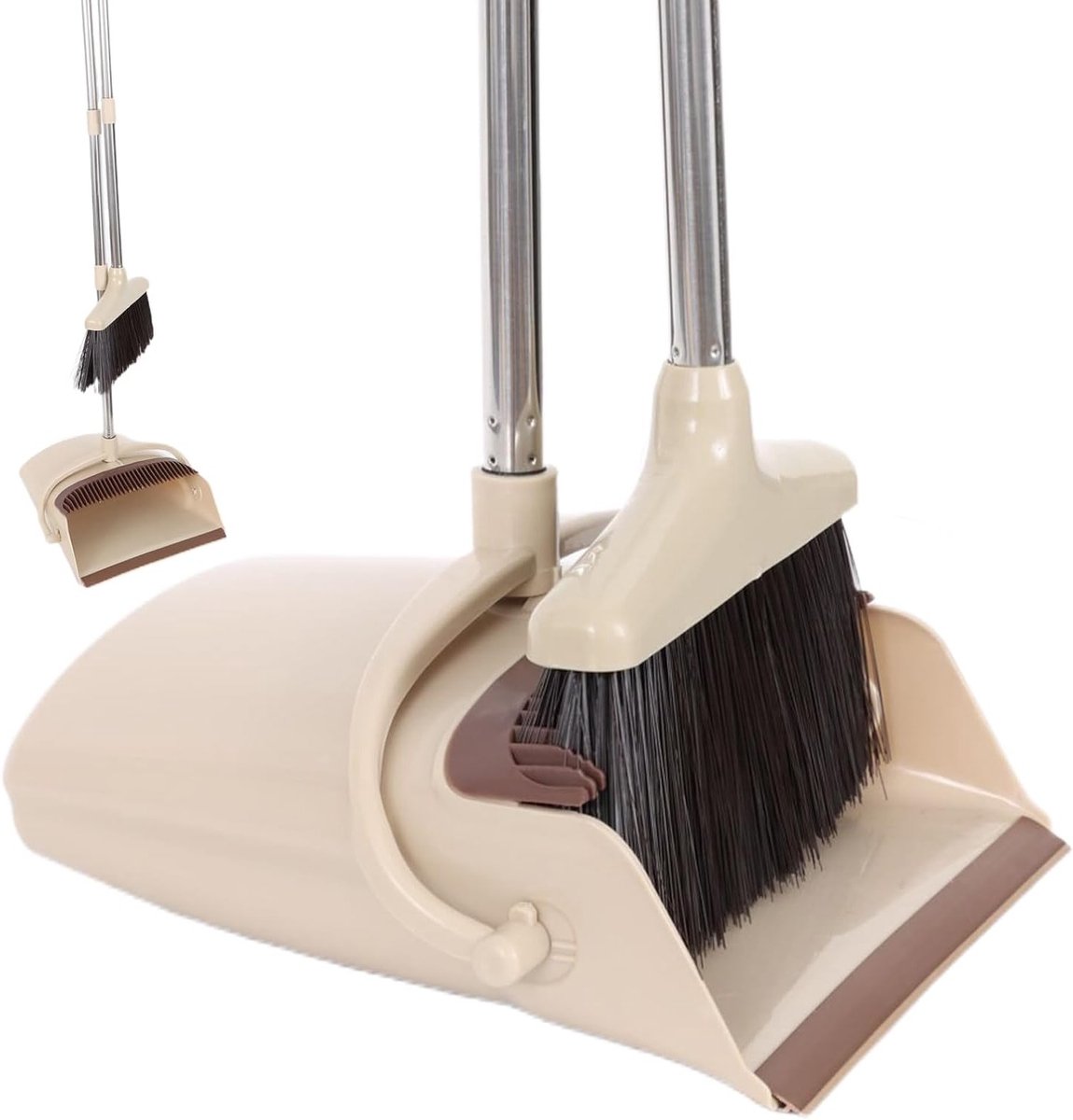 Uitbreidbare Broom en Veegschop Set voor Binnen - 54" Lange Handgreep voor Efficiënt Schoonmaken in Huis en Kantoor (Khaki)