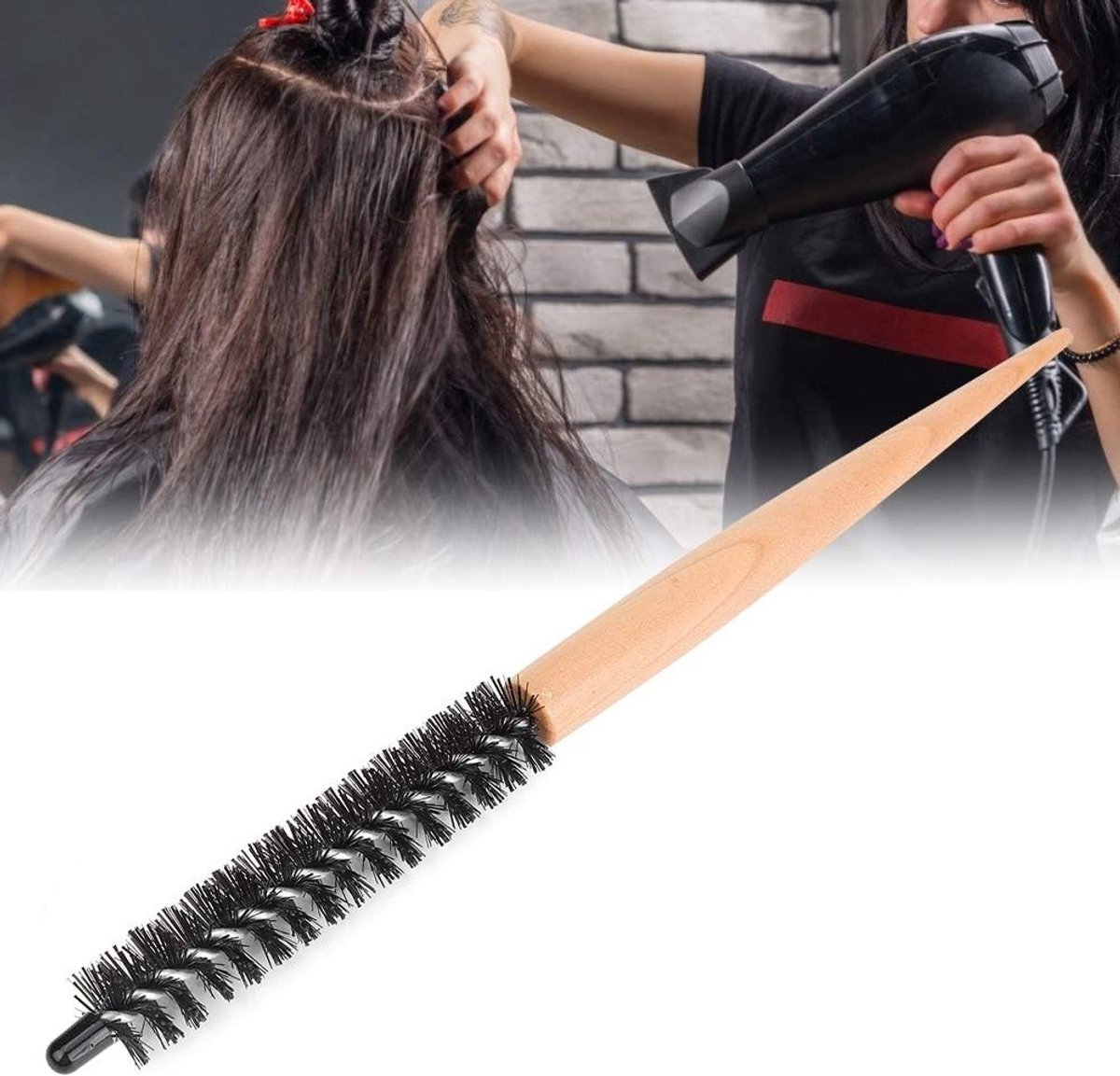 Kleine Ronde Haarborstel met Houten Handvat en Nylon Haren voor Professionele Haarstyling en Volume