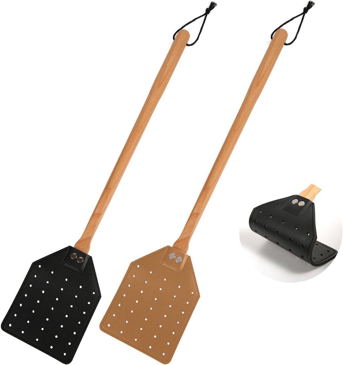 Set van 2 Leren Vliegenmeppers met Houten Handvat - Duurzame Vliegenvangers voor Binnen en Buiten, 49.5 cm Lang
