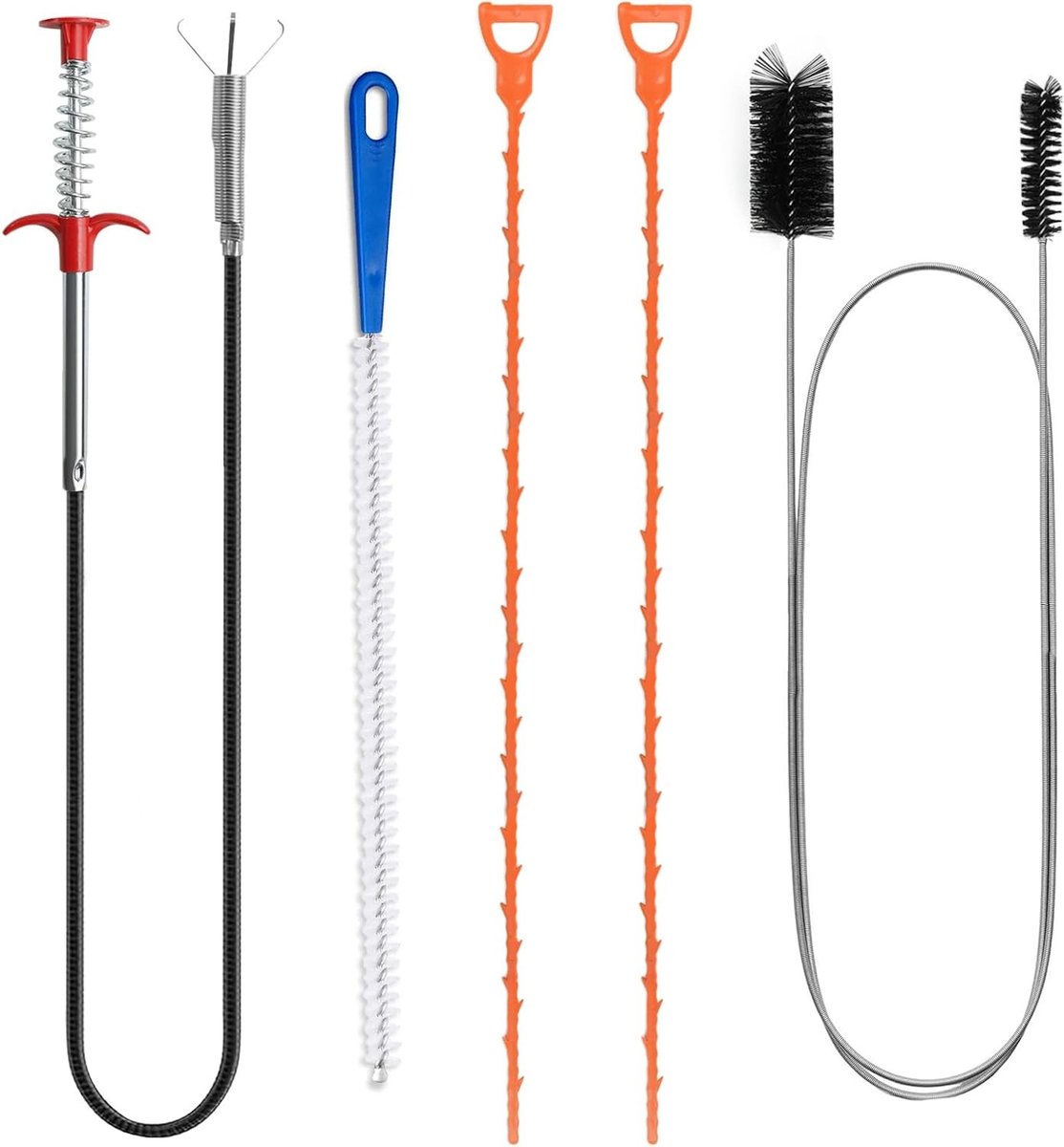 Drain Unblocker Buisreinigingsspiraal Set van 5 Stuks, 160 cm Flexibele Afvoerontstopper met Klauwgrijper, Ideaal voor Keuken, Badkamer en Douche, Inclusief Buisreiniger en Afvoerborstel
