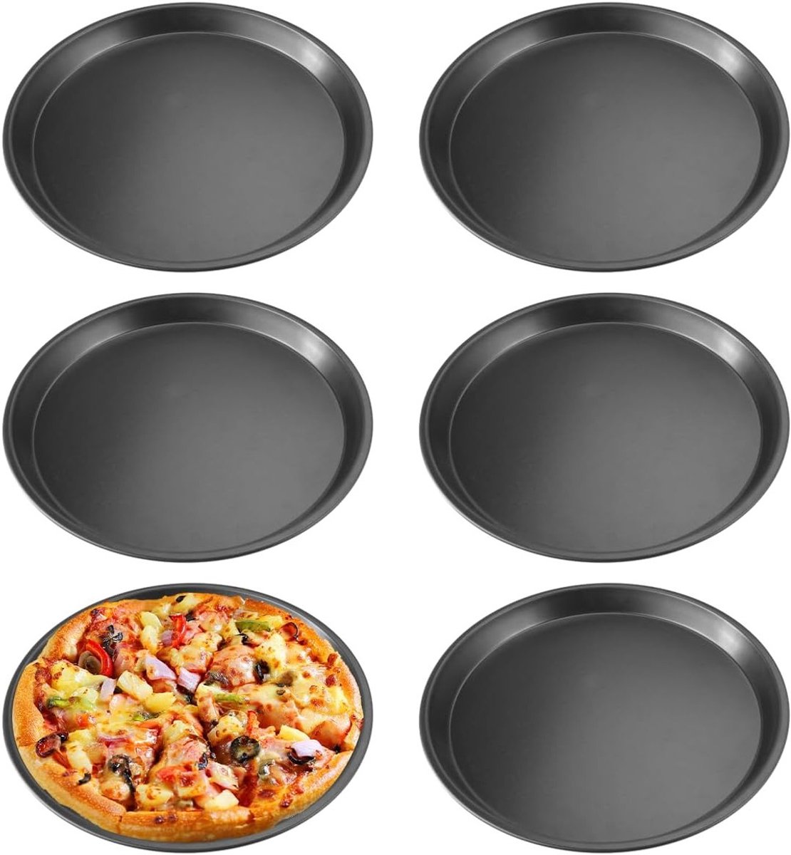 Set van 6 ronde pizza borden, ideaal voor pizza bakken, diameter 20 cm, met anti-aanbaklaag, carbon staal, eenvoudig te reinigen en bestand tegen hoge temperaturen