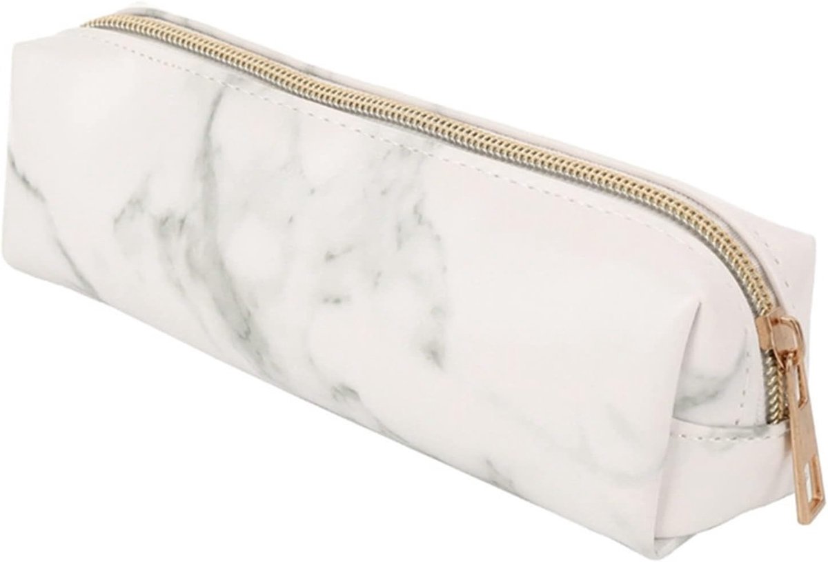 Pennenetui met ritssluiting, marmertextuur, waterdicht en draagbaar - etui voor school en cosmetica, geschikt als cadeau voor meisjes en jongens (wit)