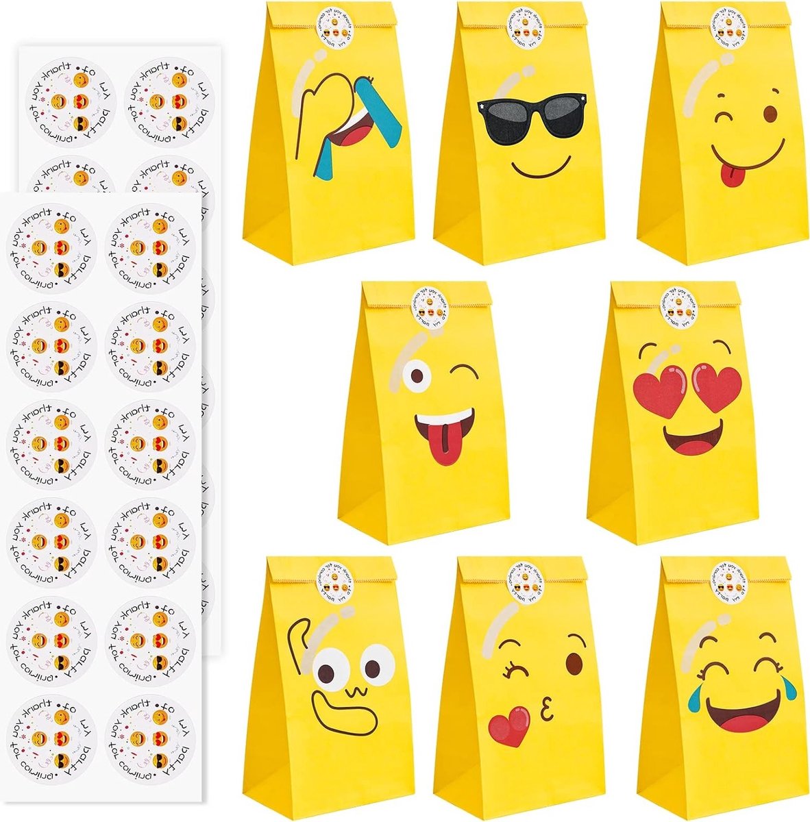 Set van 20 Emoji Snoepzakjes, Papieren Cadeautasjes met 24 Stickers, Kleine Tassen voor Verjaardagen, Kinderen en Feestjes, Ideaal voor Koekjes, Fudge en Trouwen, 22 x