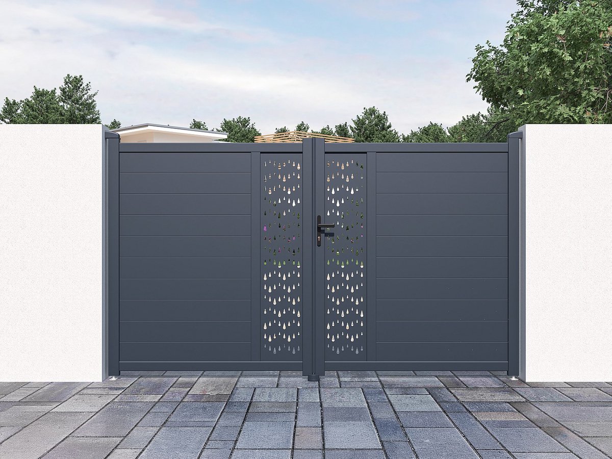 Vente-unique Elektrische draaipoort van aluminium met motieven - Halfopengewerkt - L.305 x