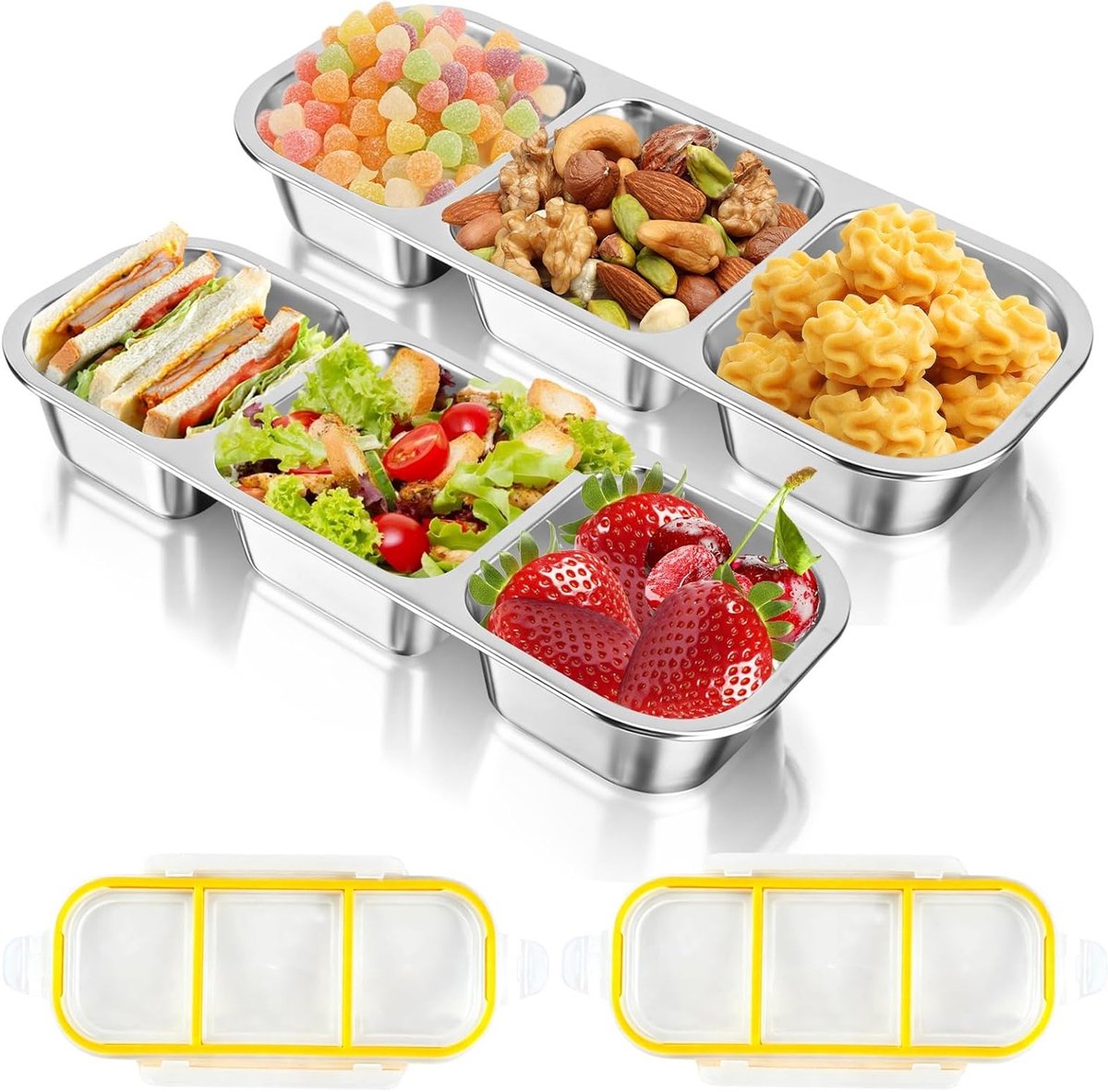Snackdoos met Compartimenten, 2 Stuks, RVS Tussendoortjesdoos voor Kinderen, BPA-vrije Lunchbox voor School, Werk en Uitstapjes (26.2 x 10.5 x 4 cm)