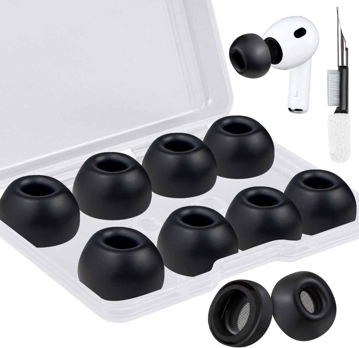 Siliconen Oordopjes voor AirPods Pro 3 (3e Generatie 2025) met Schoonmaakset - Vervangende Eartips (Zwart/L) voor Comfort en Geluidskwaliteit