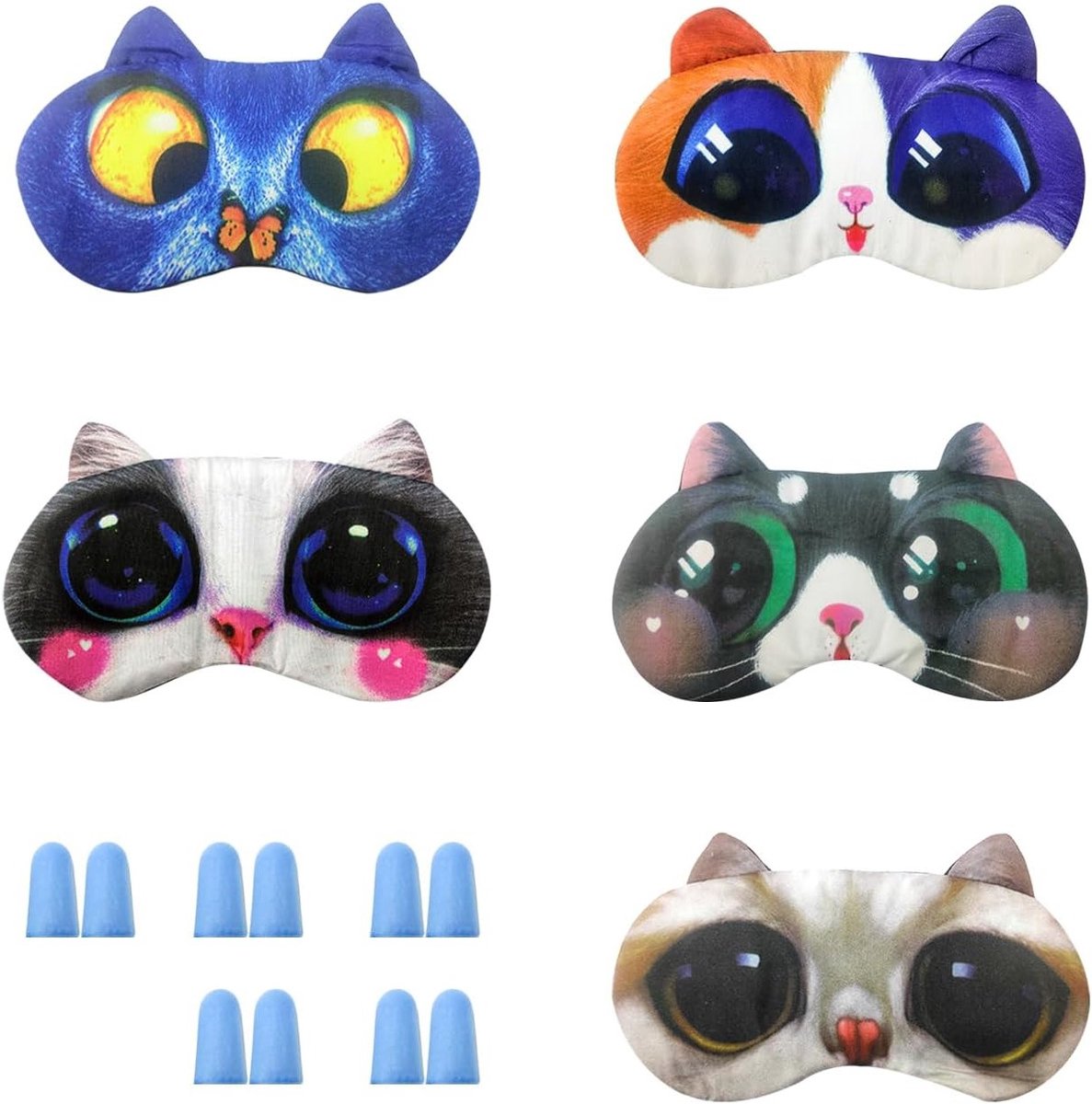 Set van 5 Schattige Cartoon Oogmaskers voor Slaap, Blauwe Spons, Verstelbare Bandjes en Comfortabele Slapen