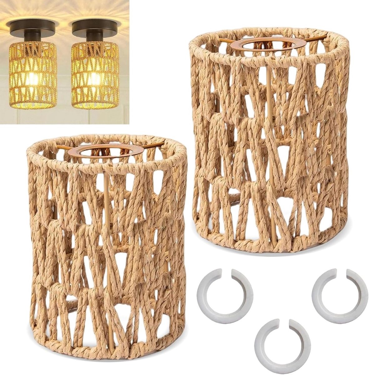 Boho Rattan Lampenkap Set van 2, E27 Pendelverlichting, Geschikt voor Vloerlampen en Tafellampen, Bruin Design
