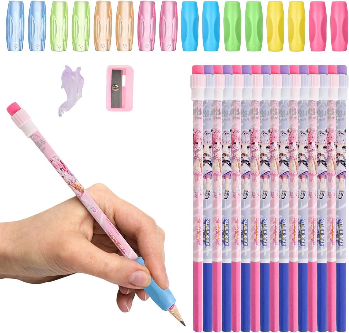 Siliconen Potloodhandvatten voor Kinderen - 16 Stuks in 8 Kleuren, Inclusief 30 Kleurpotloden met Gum - Ideaal voor Schrijven, Creatief Werk en Cadeaus