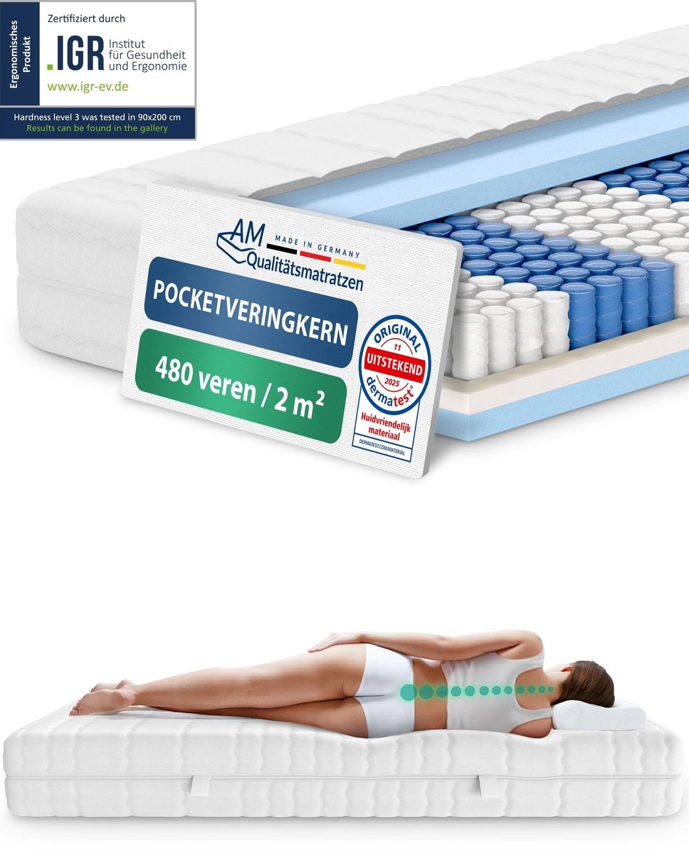 AM Qualitätsmatratzen - Ergonomisch 7-Zone Pocketveringmatras 90x200 cm - Gemiddeld (H3) - 20cm - Matras met 7 ergonomisch ligzones - OEKO-TEX - 7-zone matras 90 x 200 cm - 480 veren