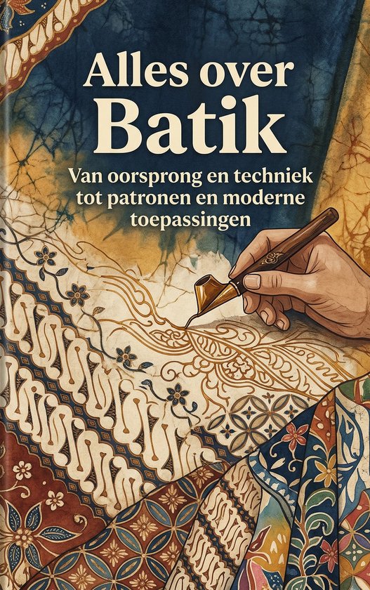 Boekomslag van 'Alles over Batik'. Een hand met een batikpen tekent een patroon op stof, omringd door diverse batikdesigns.