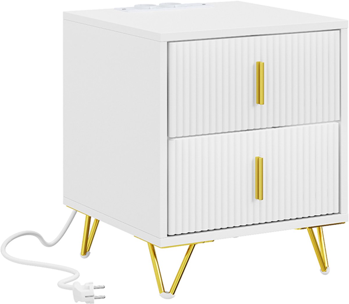 SoBuy FBT115-E-W - Nachtkastje - met 2 lades - met stopcontact en USB-aansluitingen - wit met gouden accenten - 40x40x47 cm | FBT115-E-W
