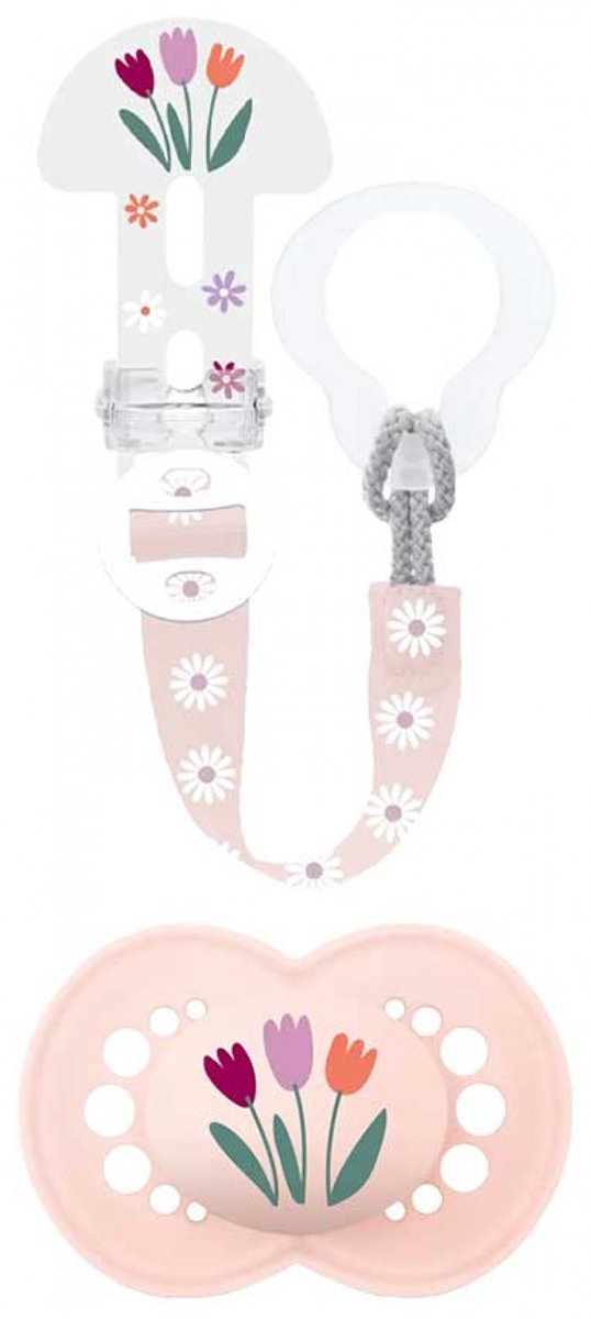 MAM Original Natural Fopspeen 18 Maanden en Ouder met Fopspeenclip (Kleur : Rozen Bloemen)