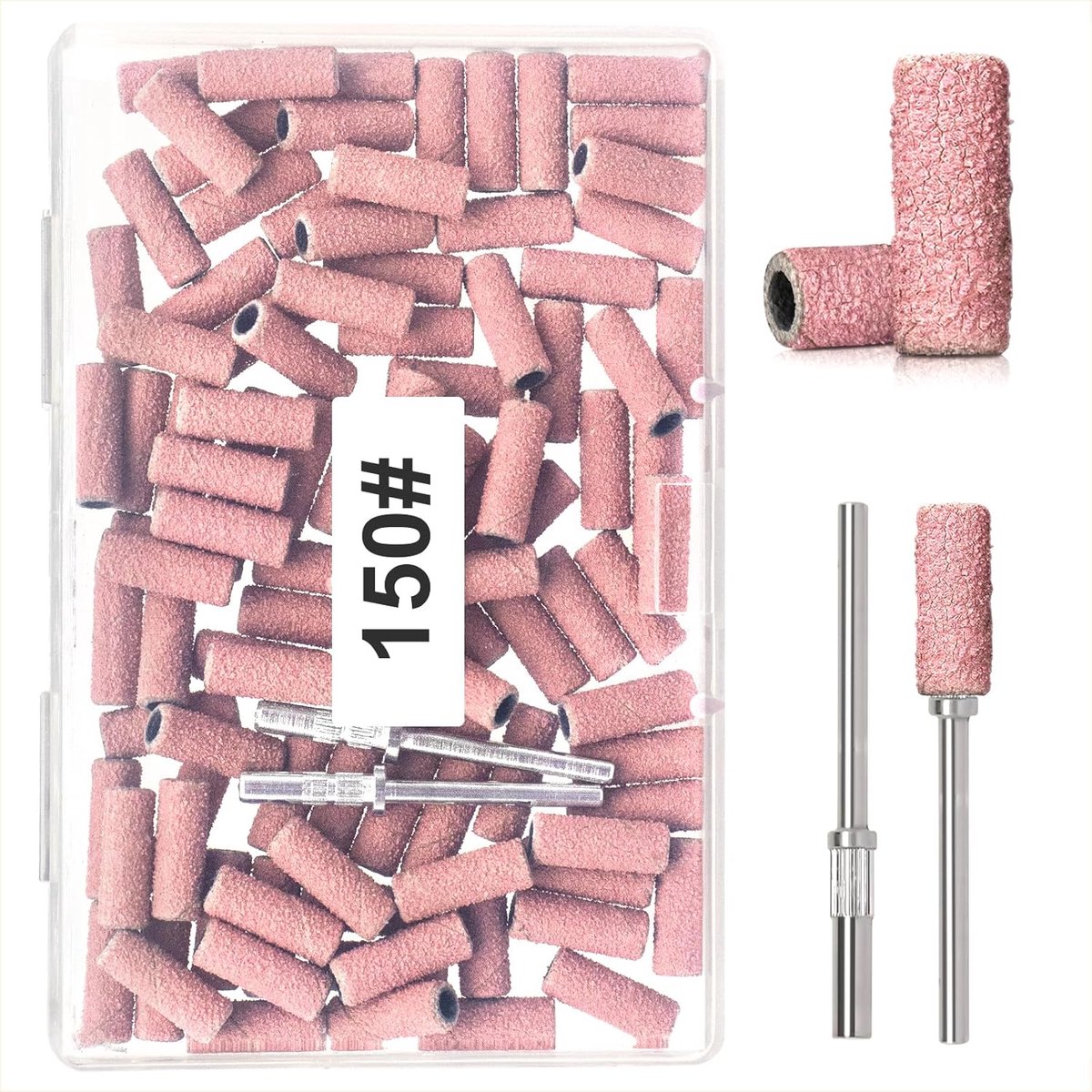 Nagelpolijstringen, 100 stuks per verpakking, 150-korrel fijne schuurringen, met 2 freesjes, geschikt voor het verwijderen van acrylgel en het polijsten van plastic nagellak, roze.