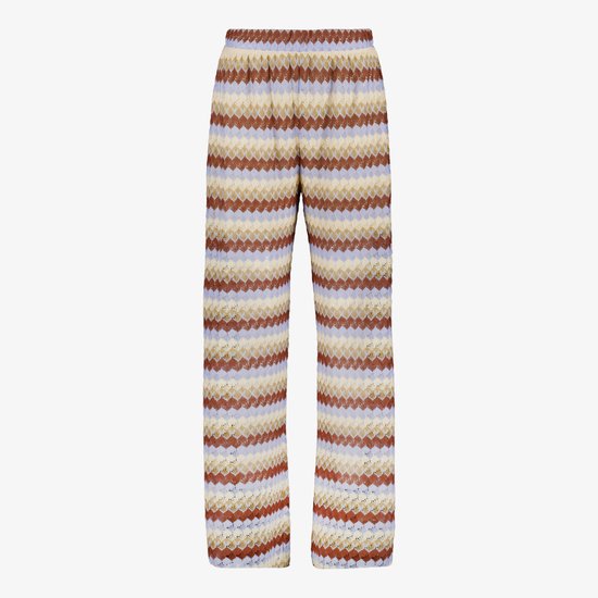 Wijduitlopende gebreide broek met multicolor zigzagprint in bruin, beige en blauw.