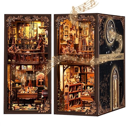 Kit DIY Book Nook - Kit de construction miniature de détective DIY avec musique et LED – Puzzle 3D en bois – Chambre secrète et mécanisme rotatif – Cadeau créatif pour adultes