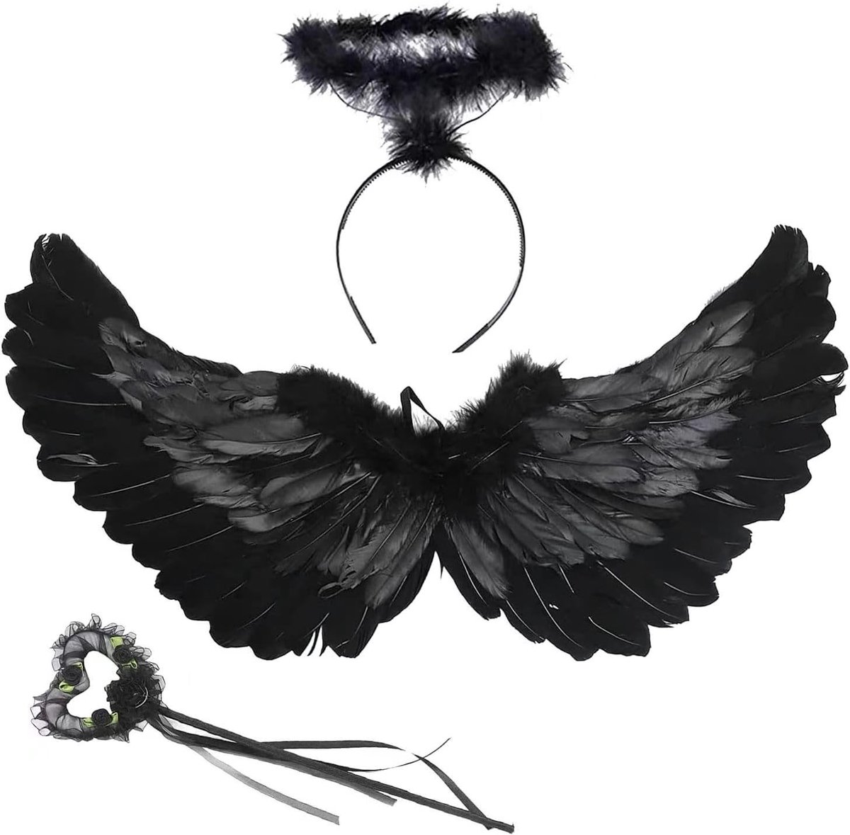 Zwarte Engel Vleugels van 60 cm voor Dames, Inclusief Halo en Toverstaf, Perfect voor Kostuums en Feestdecoratie, Veer Vleugels voor Meisjes