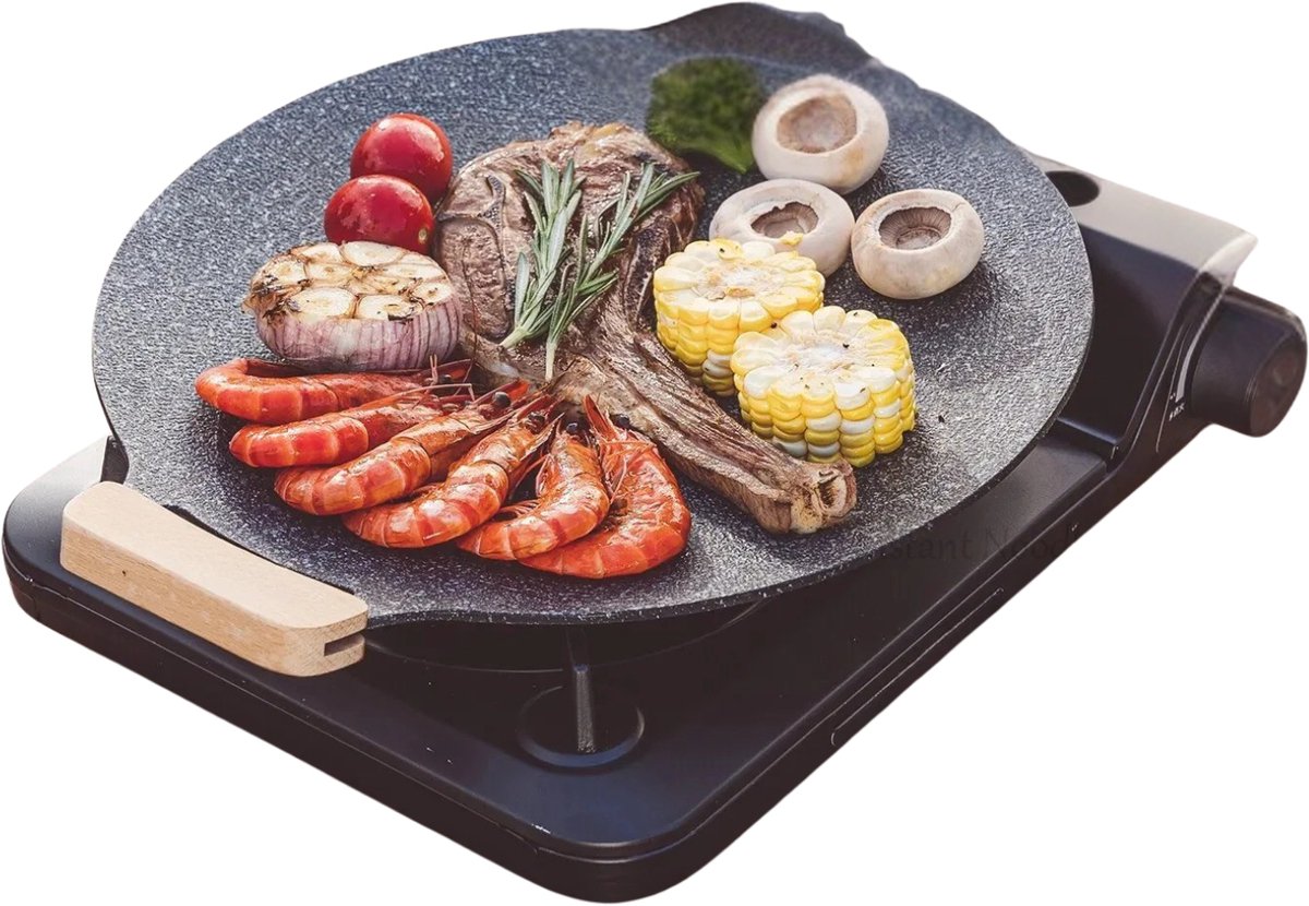 Sensova - BBQ Grillplaat 30 cm - Antiaanbak Bakplaat - Camping Kookplaat - Met Houten Handgrepen - Voor Buiten & Kookplaat
