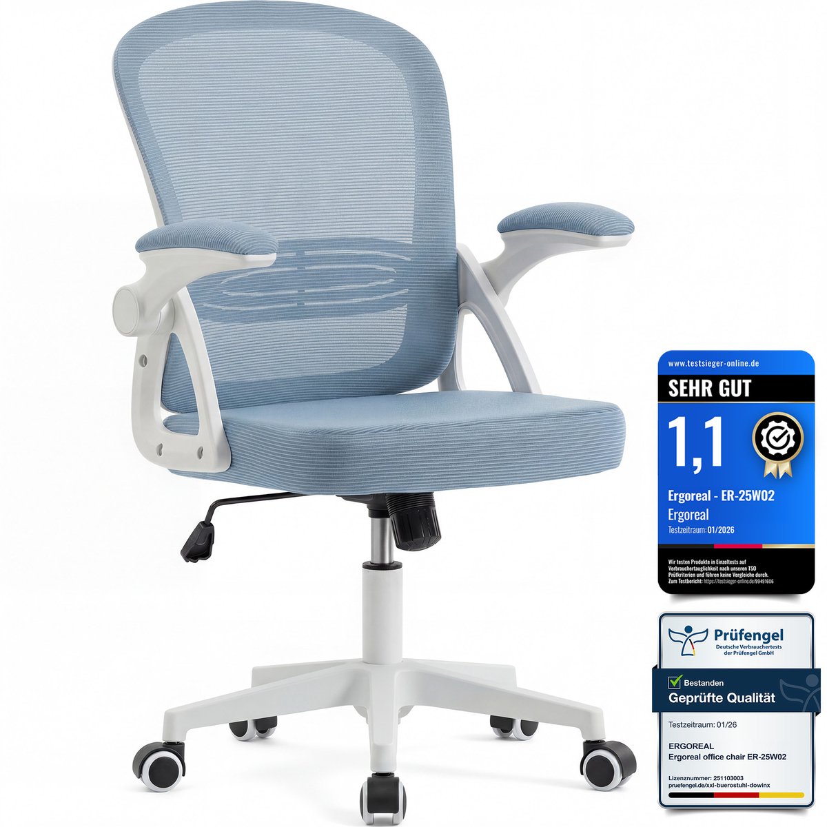 Bureaustoel - Ergonomische Stoel - Fauteuil met 90° opklapbare armleuning - In hoogte verstelbaar - Blauw