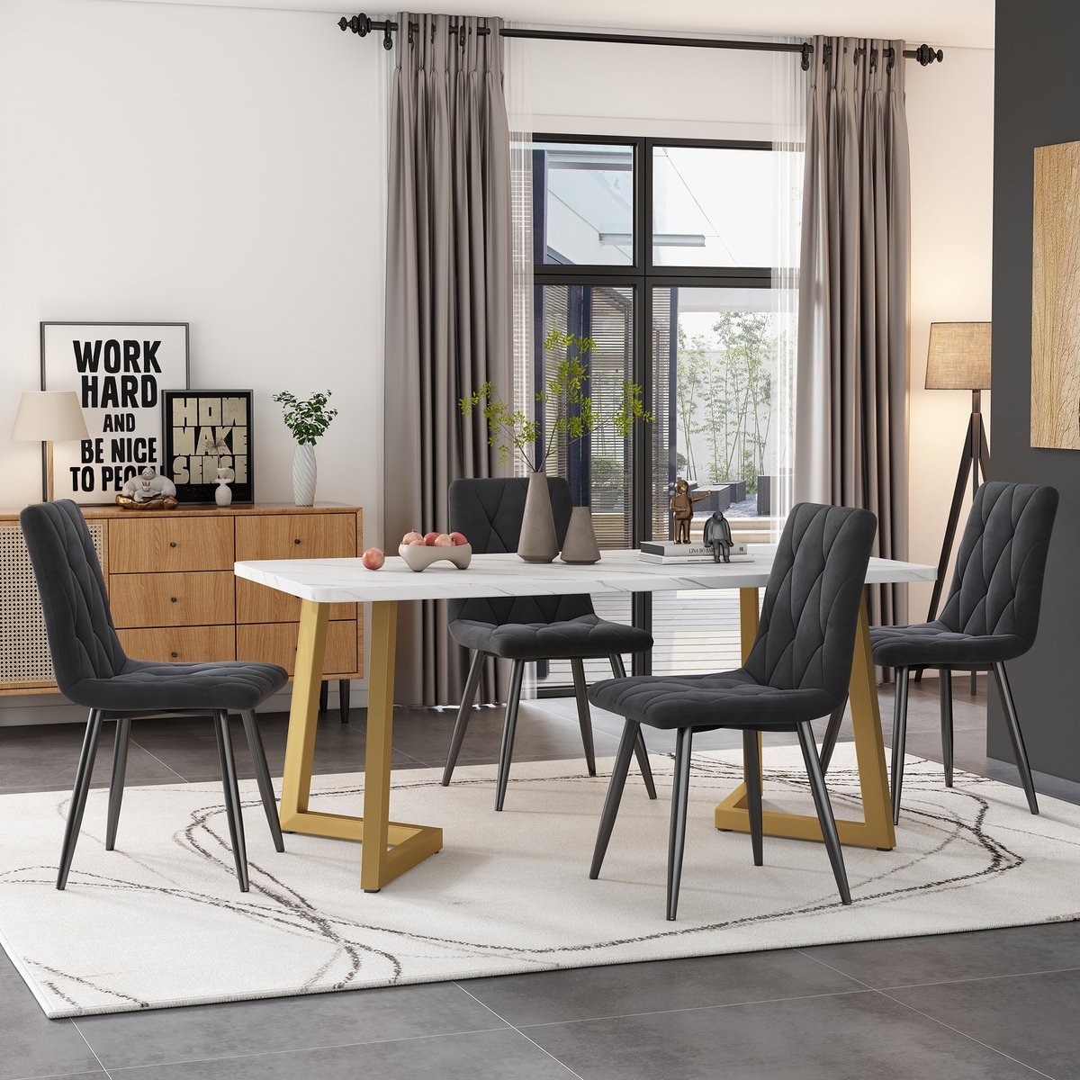 MIVRAY Eettafelset - Rechthoekige Tafel Met 4 Fluwelen Stoelen - Voor Eetkamer Keuken En Woonkamer - MDF Grijs - 117x68x75 Cm