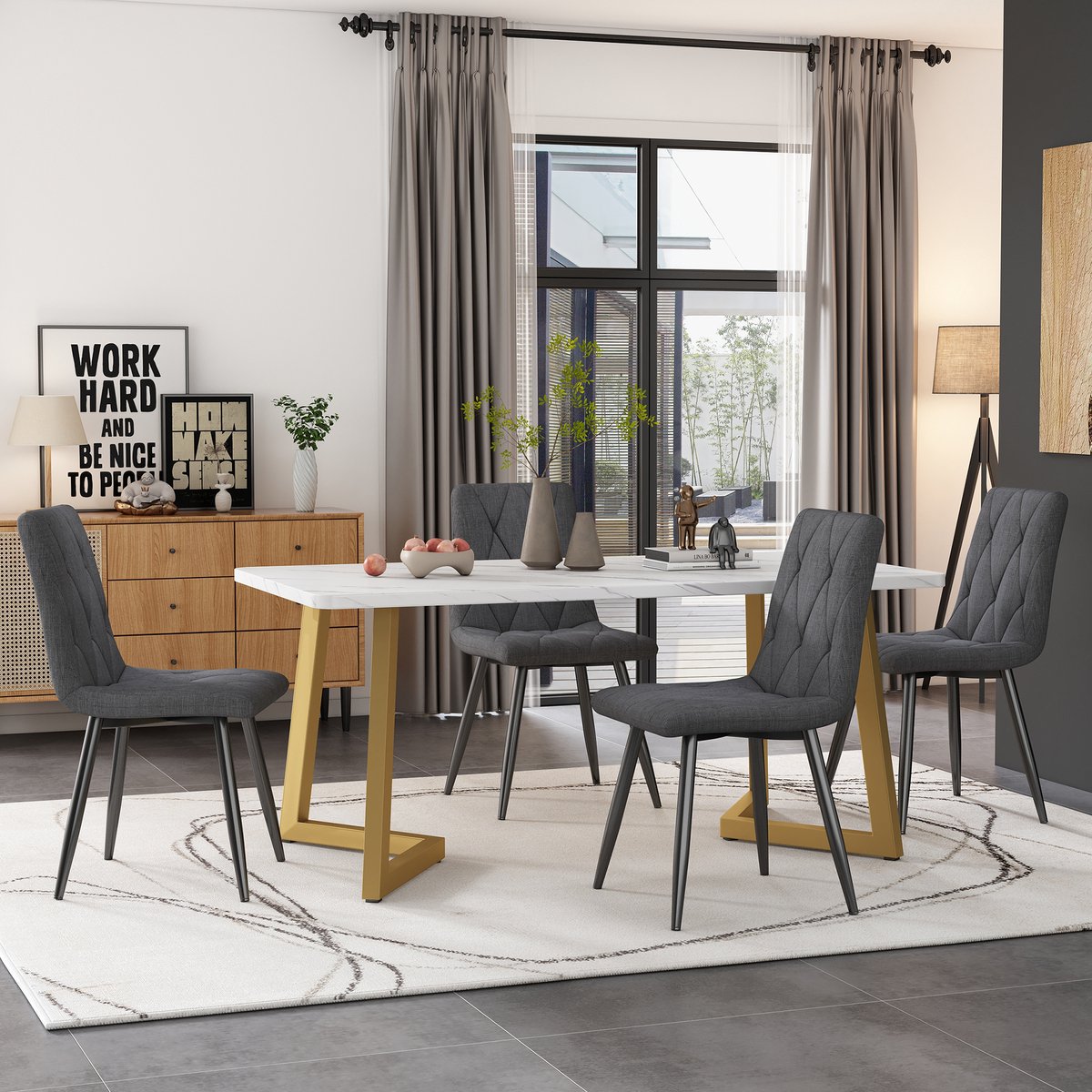 MIVRAY Eettafelset Met 4 Stoelen - Rechthoekige Eettafel Met Marmerlook Blad - Voor Keuken En Eetkamer - MDF Grijs - 117x68x75 Cm